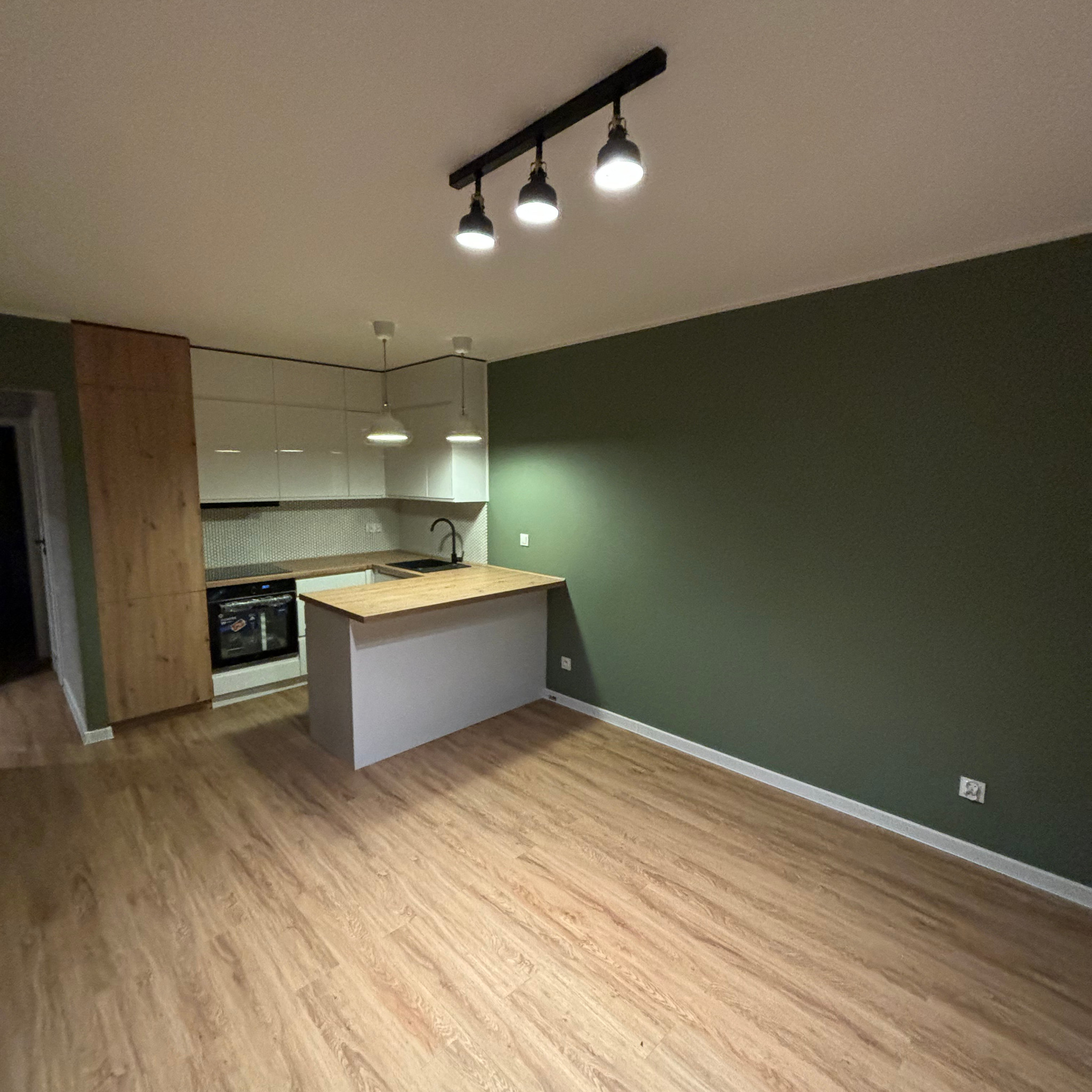 Nowoczesna kuchnia po remoncie z białymi szafkami, drewnianym blatem, zieloną ścianą i drewnianą podłogą, oświetlona trzema reflektorami na czarnej listwie.