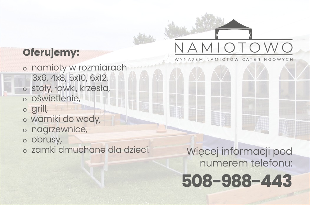 Grafika reklamowa firmy z Tucholi prezentująca ofertę wynajmu namiotów, stołów, ławek, krzeseł, oświetlenia, grilla, warników do wody, nagrzewnic, obrusów i zamków dmuchanych dla dzieci.