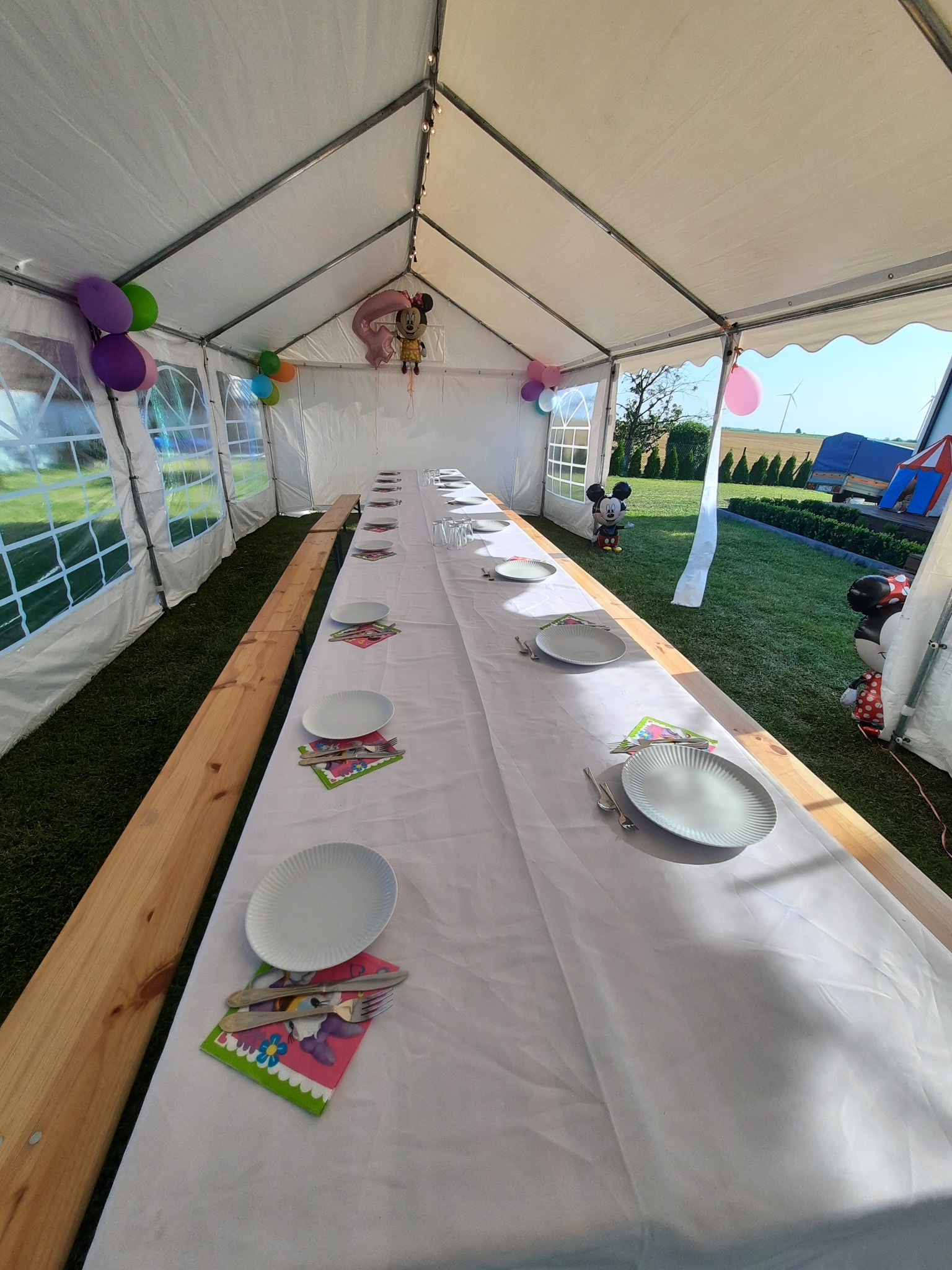 Długi stół z białym obrusem, nakryty talerzami i sztućcami, ustawiony wewnątrz białego namiotu z dekoracjami balonowymi i figurkami Myszki Miki, widok na trawnik i krajobraz.