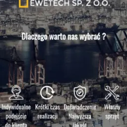 Logo firmy Ewetech Sp. z o.o. na tle nocnego krajobrazu portowego z dźwigami i kontenerami, podkreślające indywidualne podejście, krótki czas realizacji, doświadczenie i własny sprzęt.