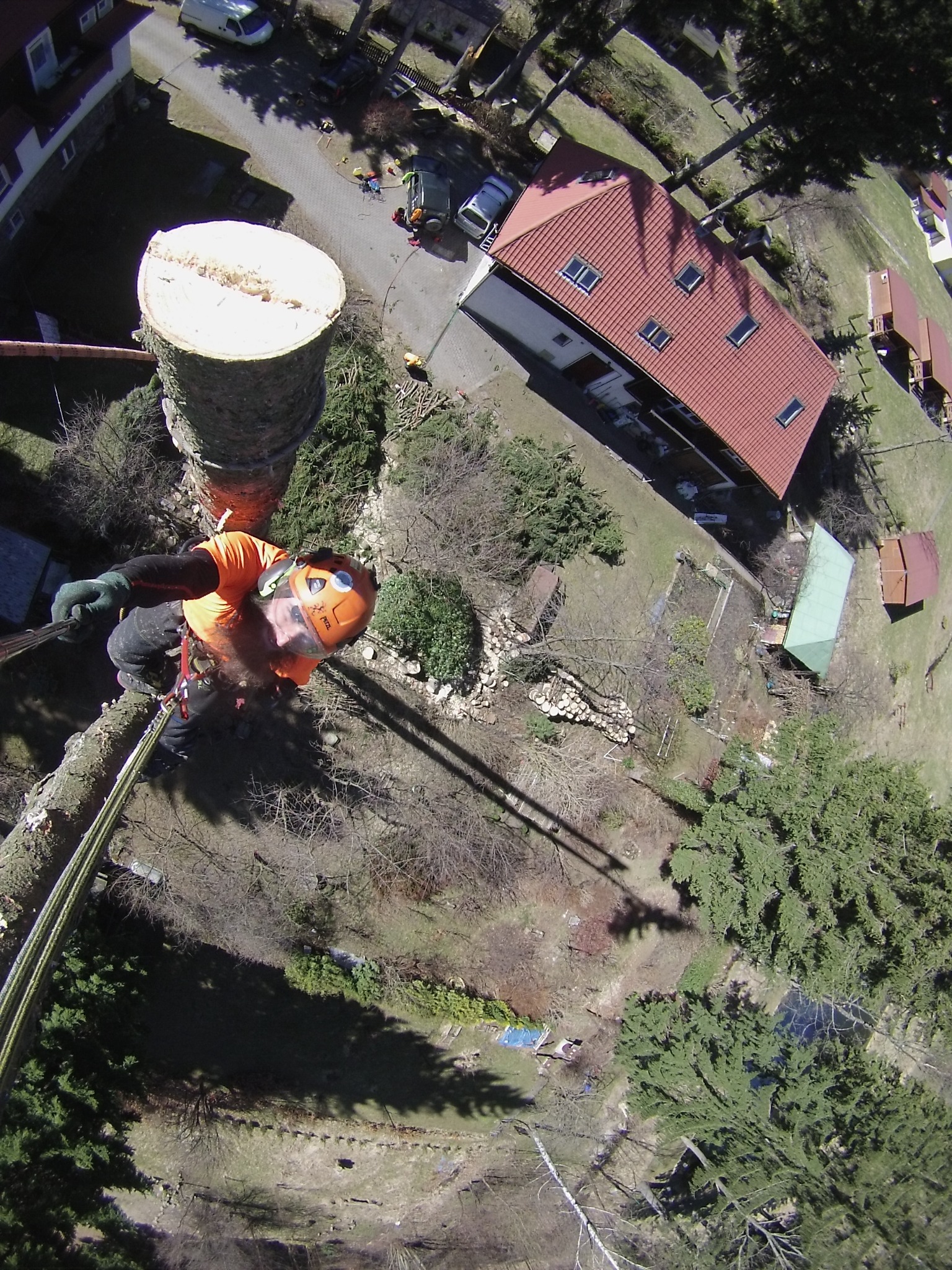 Arborysta w pomarańczowym kombinezonie, zabezpieczony linami, stoi na ściętym pniu drzewa z widokiem z góry na dom z czerwoną dachówką i otoczenie z przygotowanym drewnem do kominka.