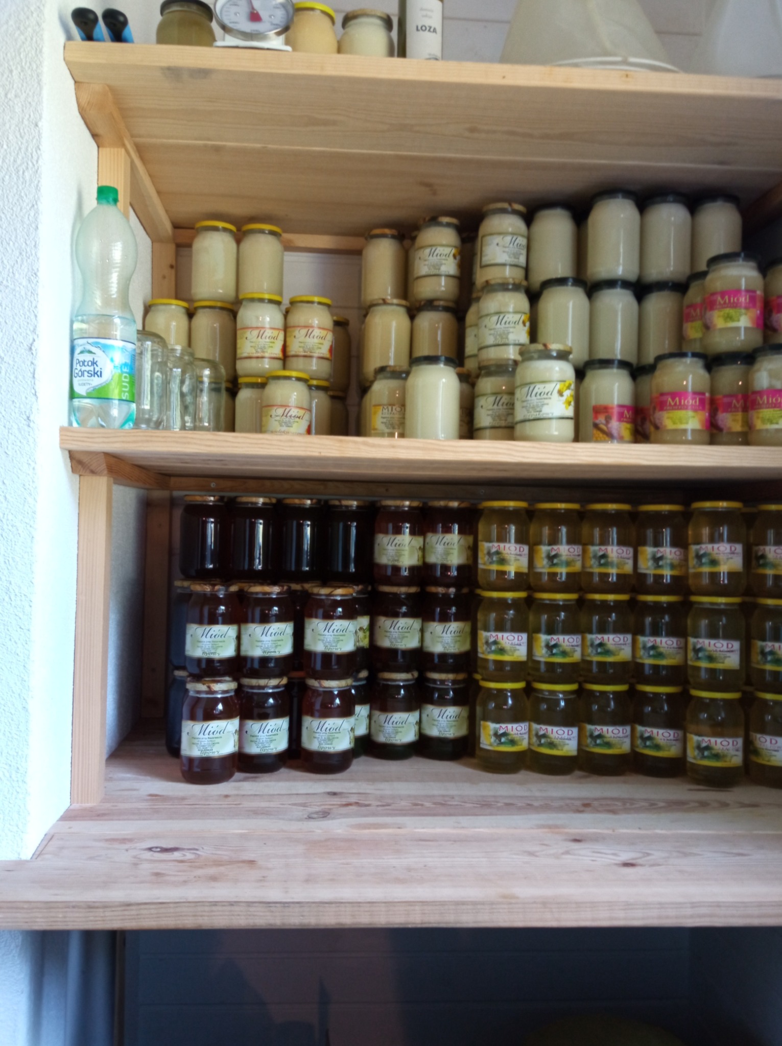 Półki spiżarni wypełnione słoikami z różnymi rodzajami miodu, od jasnych po ciemne, z etykietami. Na górnej półce dodatkowo butelka wody mineralnej i waga kuchenna.