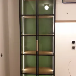 Wykonano witrynę z przeszklonymi frontami w ramce, korpusy płyta lakierowana mat, wewnątrz led