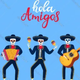 Ilustracja przedstawia trzech meksykańskich muzyków-szkieletów w strojach mariachi grających na akordeonie, marakasach i gitarze na błękitnym tle z napisem 'Hola Amigos'.