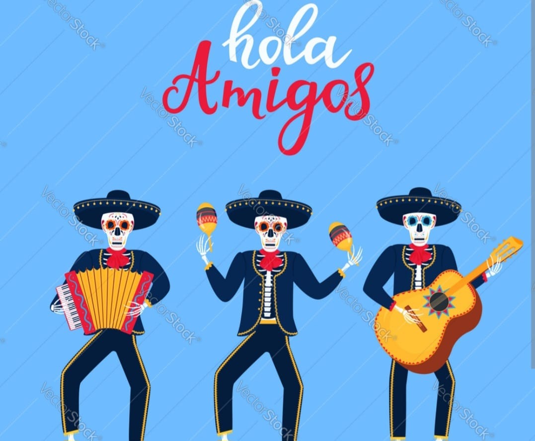 Ilustracja przedstawia trzech meksykańskich muzyków-szkieletów w strojach mariachi grających na akordeonie, marakasach i gitarze na błękitnym tle z napisem 'Hola Amigos'.