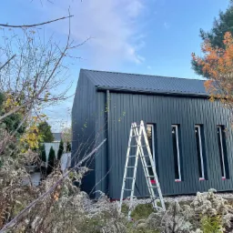 Nowoczesny dom z szarą elewacją z blachy trapezowej i wąskimi oknami, drabina przystawiona do ściany, jesienne otoczenie z drzewami o żółtych liściach.