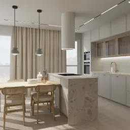 Jasna, nowoczesna kuchnia z wyspą z blatem z kamienia, drewnianym stołem i krzesłami z rattanu, oświetlona listwami LED i wiszącymi lampami.