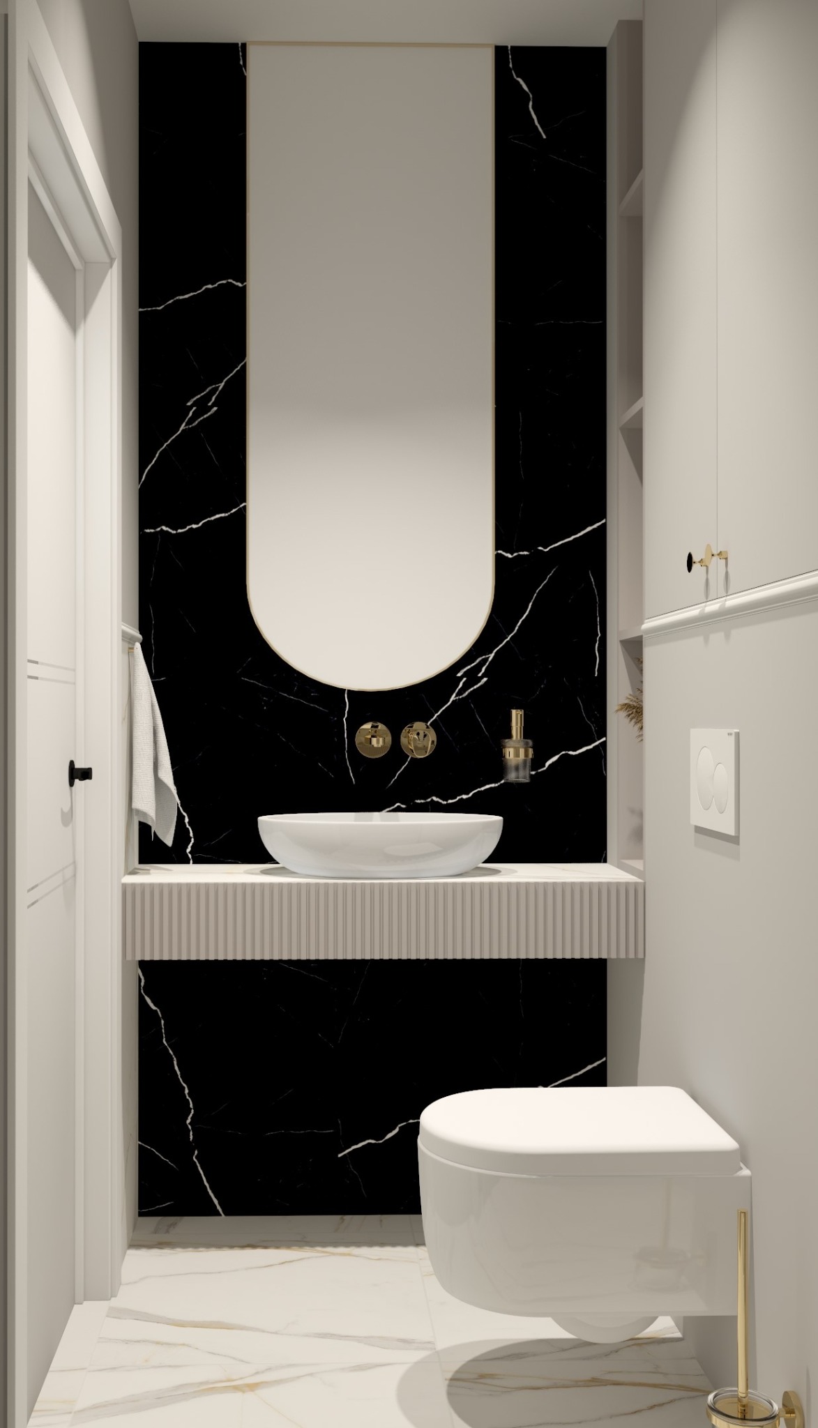 Nowoczesna łazienka z czarnym marmurem na ścianie, owalnym lustrem z podświetleniem, białą umywalką nablatową i wiszącą toaletą.