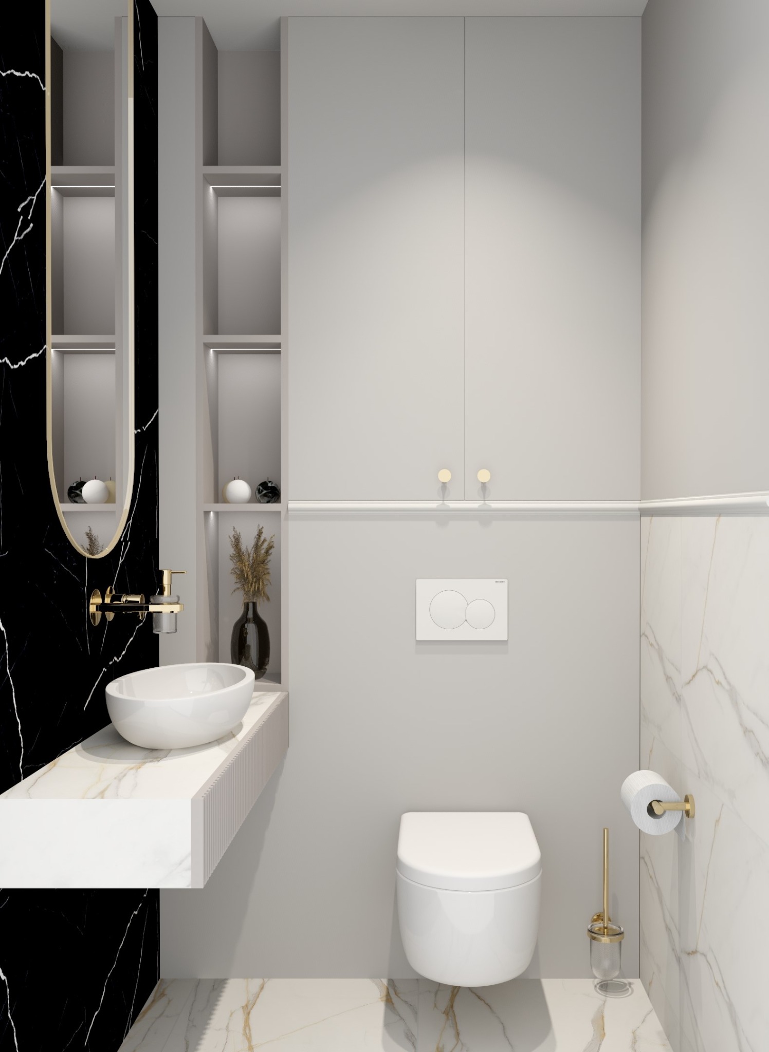 Nowoczesna łazienka z czarno-białym marmurem, owalnym lustrem z złotą ramą, umywalką nablatową i wiszącą toaletą.