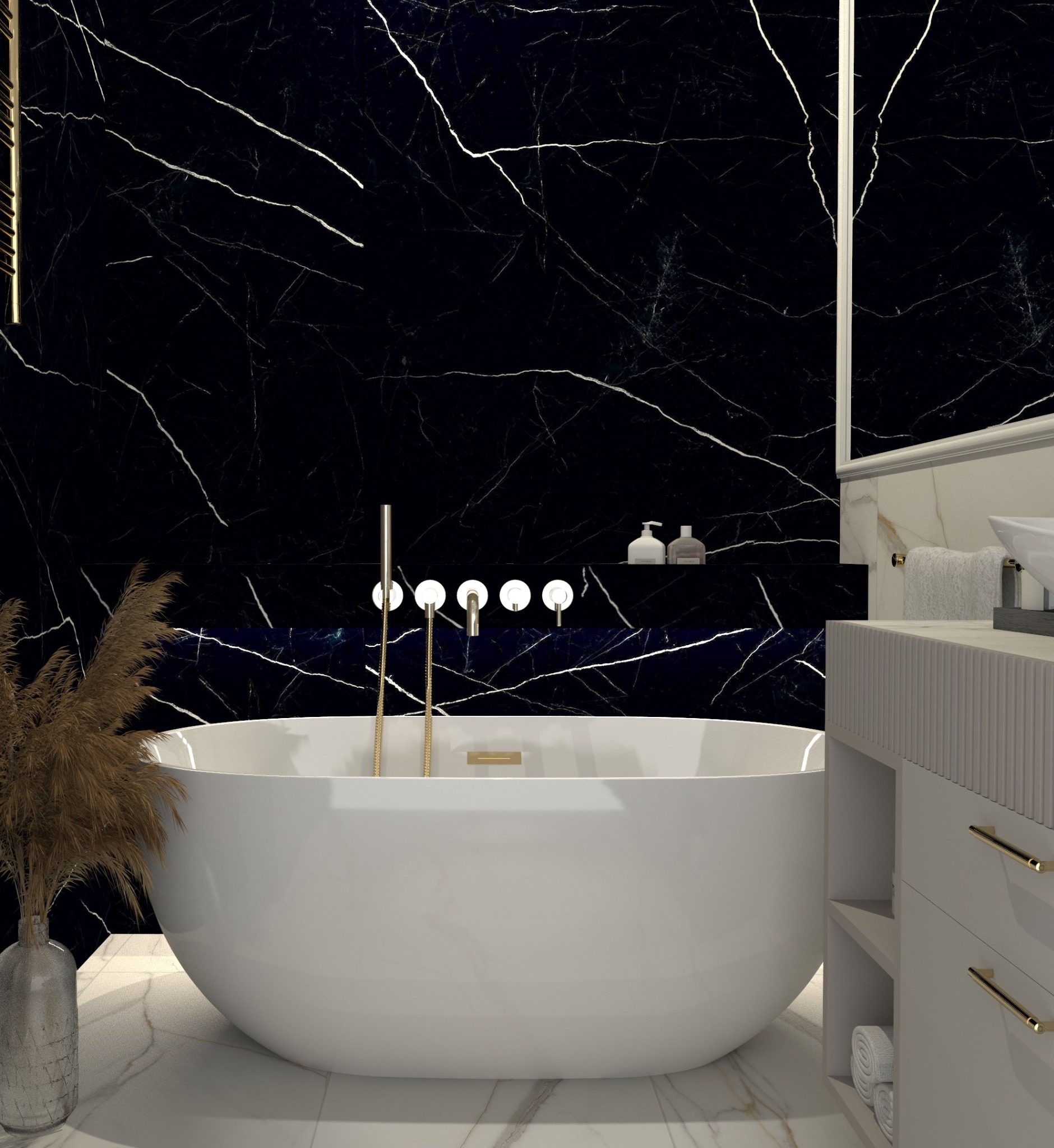 Elegancka łazienka z wolnostojącą wanną na tle czarnego marmuru z białymi żyłami, złota armatura i minimalistyczna umywalka z szafką.