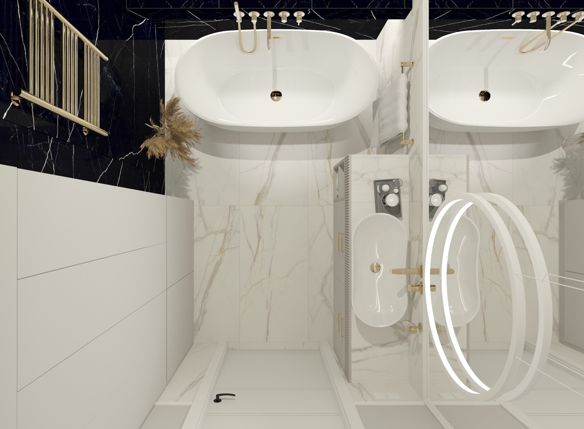 Wizualizacja łazienki z dwiema owalnymi wannami z bateriami w kolorze złota, umywalkami w zabudowie i okrągłym lustrem z podświetleniem LED.