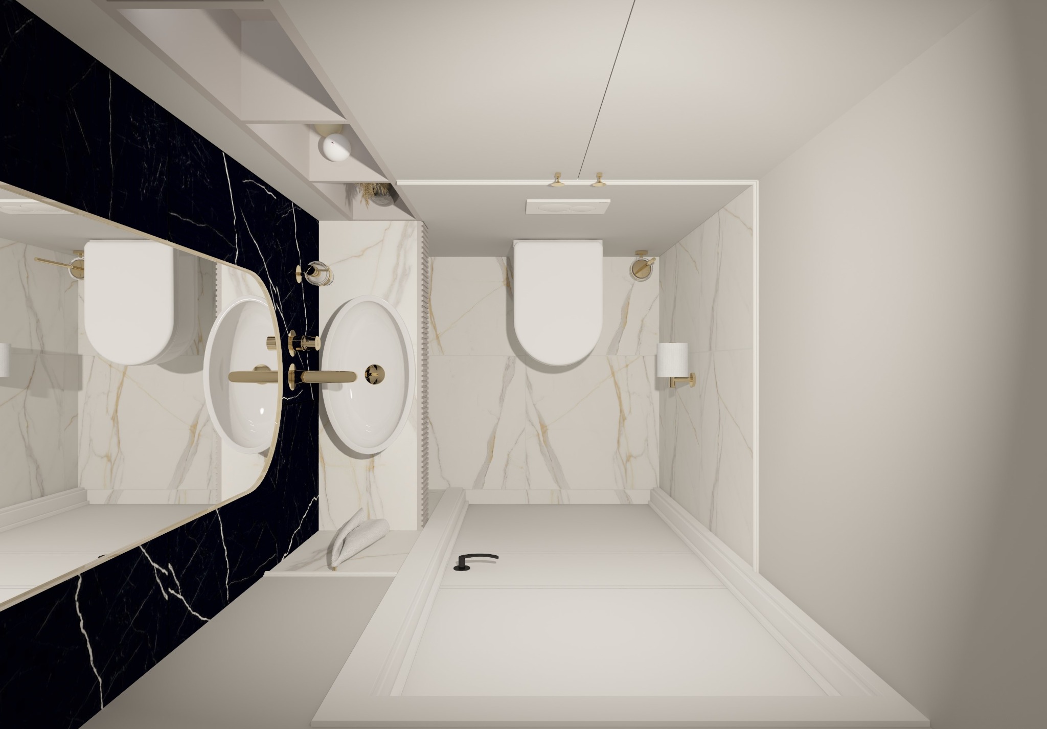 Widok z góry na elegancką łazienkę z marmurowymi płytkami, białymi sanitariatami i złotymi akcentami, gdzie czarna ściana z marmuru kontrastuje z jasną podłogą i drzwiami.