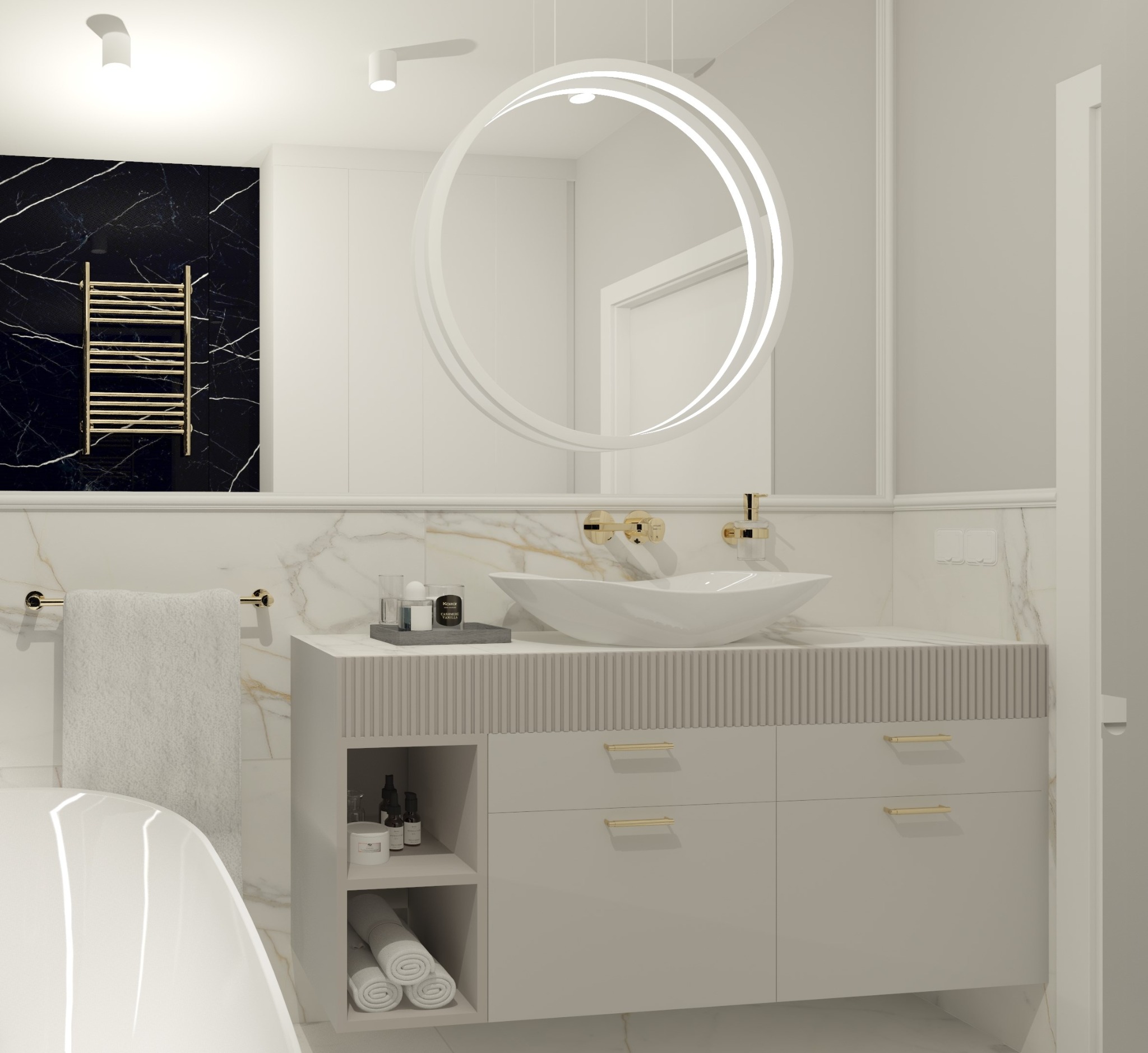 Nowoczesna łazienka z owalnym lustrem podświetlanym LED, umywalką nablatową, marmurowymi płytkami i złotymi akcentami, takimi jak grzejnik drabinkowy i armatura.