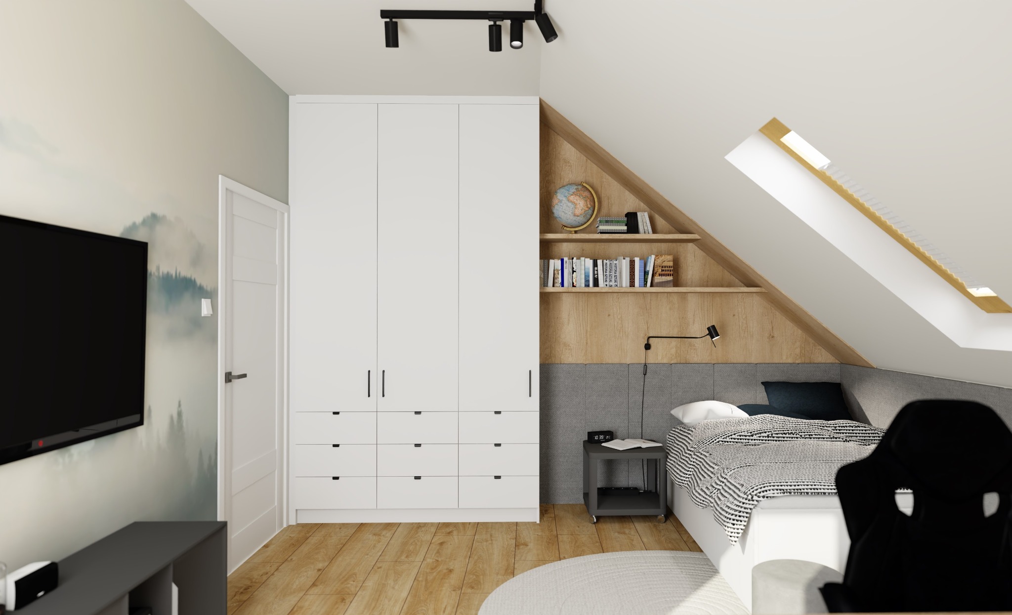 Pokój na poddaszu z białymi szafami, drewnianymi półkami z globusem i książkami pod skosem dachu, szarą tapicerowaną ścianą za łóżkiem i oknem dachowym.