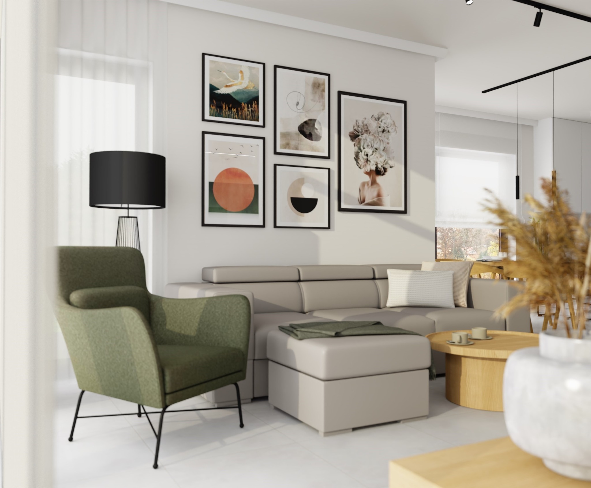 Jasne wnętrze salonu z szarą sofą modułową, zielonym fotelem na metalowych nogach, drewnianym stolikiem kawowym i galerią abstrakcyjnych obrazów na ścianie.
