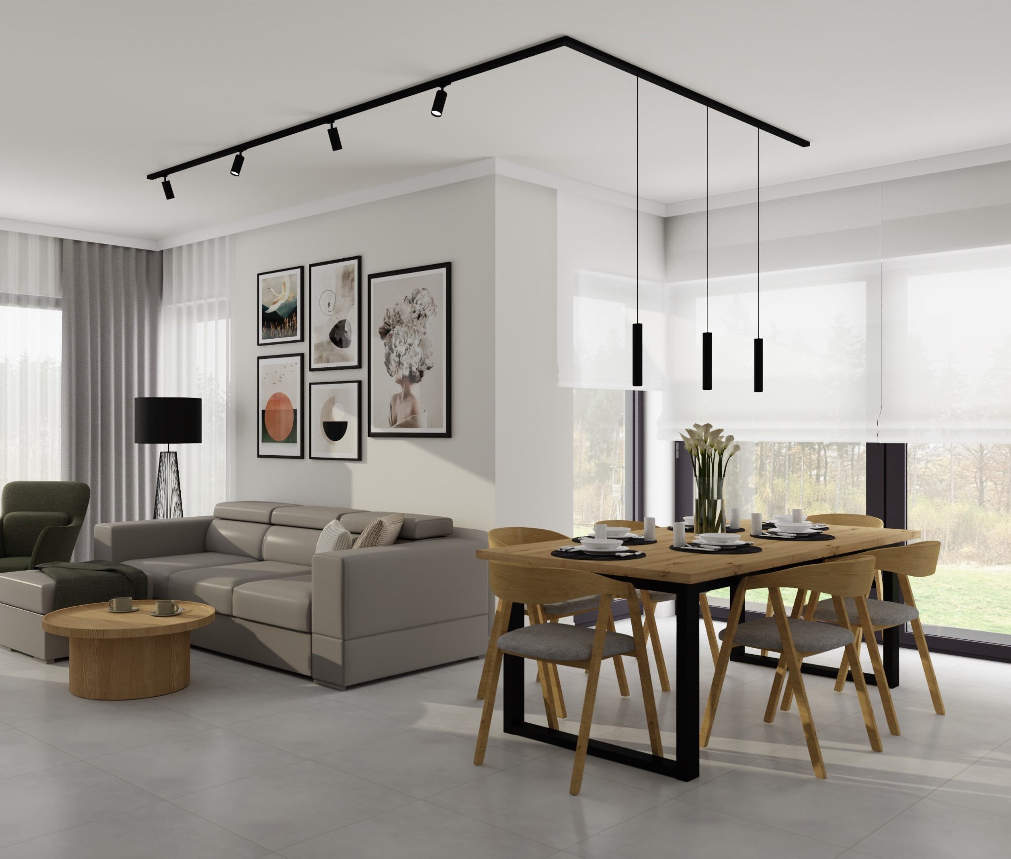 Jasne wnętrze z szarą sofą, drewnianym stolikiem kawowym, galerią obrazów na ścianie, stołem z drewnianym blatem i krzesłami, oświetleniem szynowym i roletami rzymskimi.