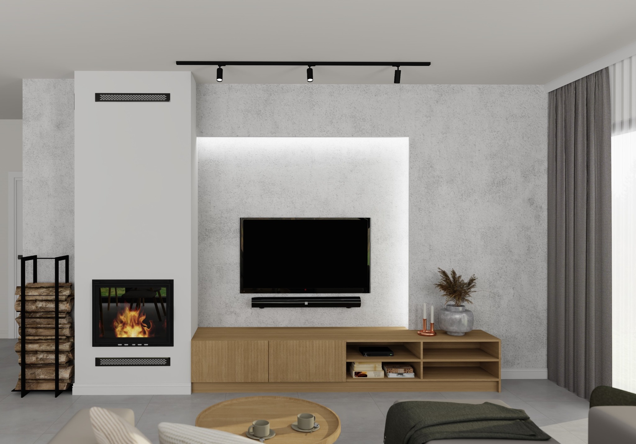 Wizualizacja salonu z kominkiem, telewizorem i drewnianą szafką RTV, betonowa ściana, oświetlenie szynowe, drewno do kominka w metalowym stojaku.