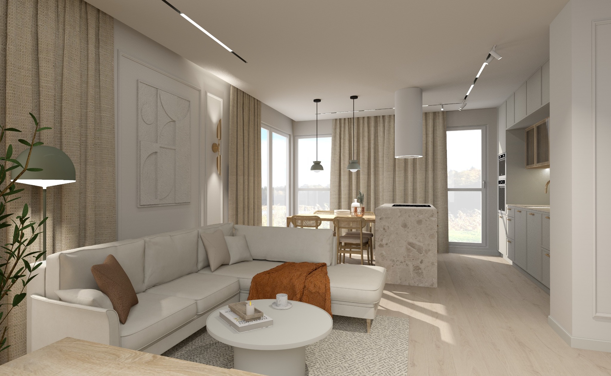 Jasne wnętrze otwartego salonu z aneksem kuchennym, wyposażone w narożną sofę, okrągły stolik kawowy, stół z krzesłami i wyspę kuchenną z blatem z jasnego kamienia. W tle widoczne okna z beżowymi...