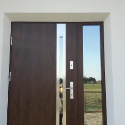 Ciemnobrązowe drzwi zewnętrzne z długim, pionowym, srebrnym panelem i szybą boczną, odbijającą krajobraz z zielenią i niebem.
