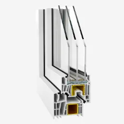 Przekrój okna PCV z trzema szybami, ukazujący wewnętrzną strukturę i izolację termiczną, z żółtymi elementami wzmacniającymi profil.