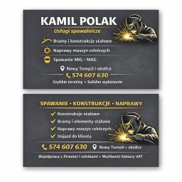 USŁUGI SPAWALNICZE Kamil Polak - Wizytówka firmy spawalniczej z grafiką spawacza, oferującej bramy, konstrukcje stalowe i naprawy maszyn rolniczych. Kontakt: 574 607 630, Nowy Tomyśl.