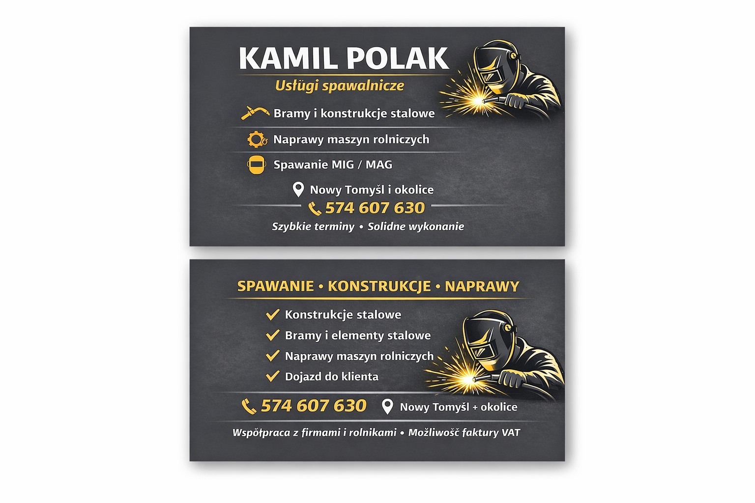 Wizytówka firmy spawalniczej z grafiką spawacza, oferującej bramy, konstrukcje stalowe i naprawy maszyn rolniczych. Kontakt: 574 607 630, Nowy Tomyśl.