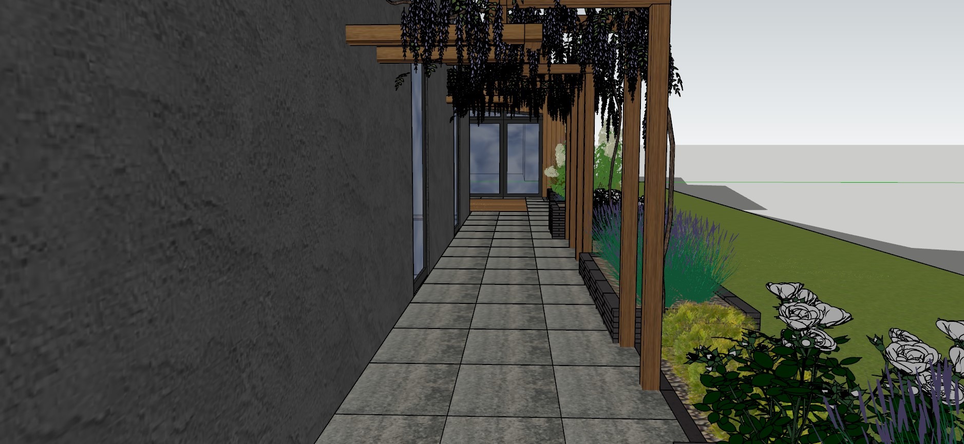 Wizualizacja przejścia z domu do ogrodu z drewnianą pergolą porośniętą pnączami, wyłożonego szarymi płytami chodnikowymi, z widokiem na roślinność ogrodową i trawnik.