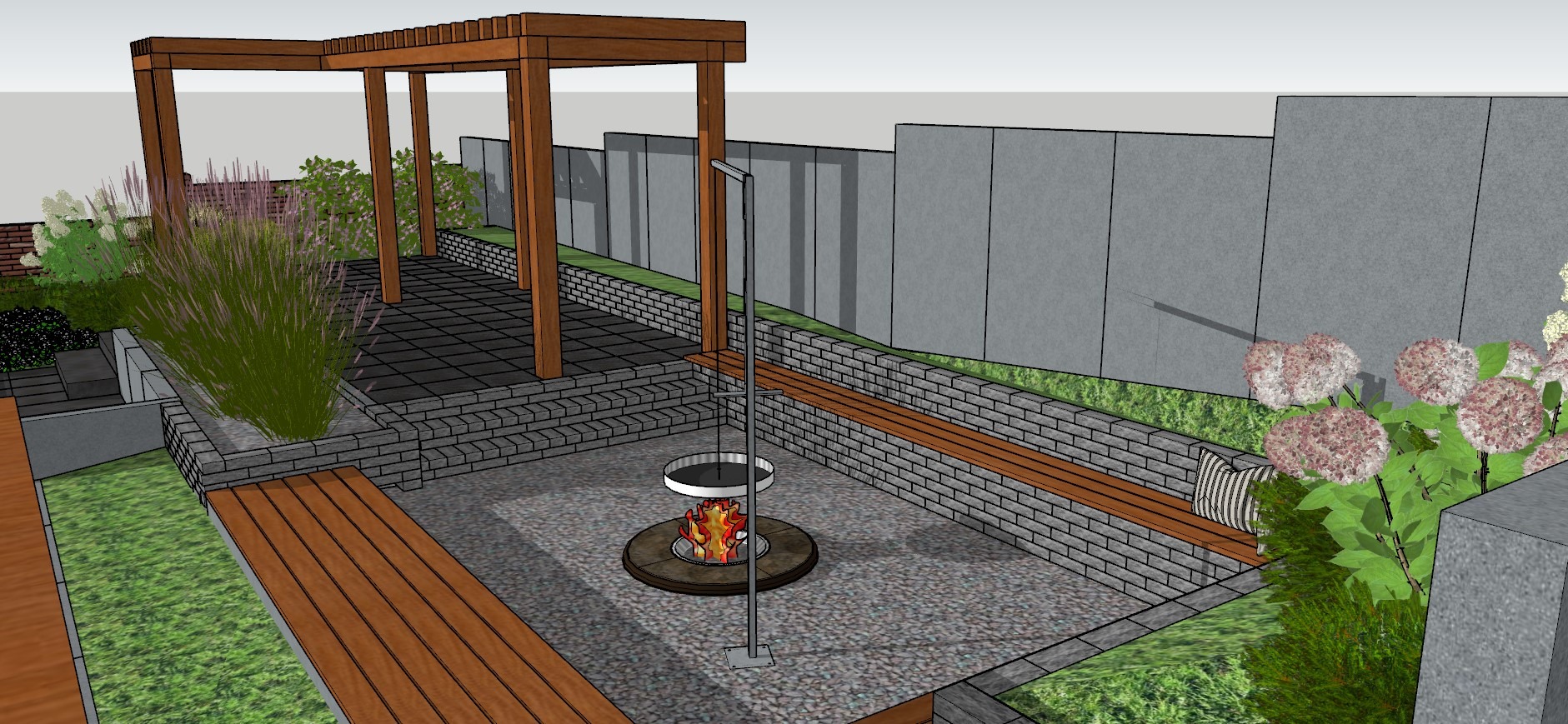 Wizualizacja projektu ogrodu z paleniskiem, pergolą i podwyższonymi rabatami, prezentująca układ przestrzenny i materiały wykończeniowe.
