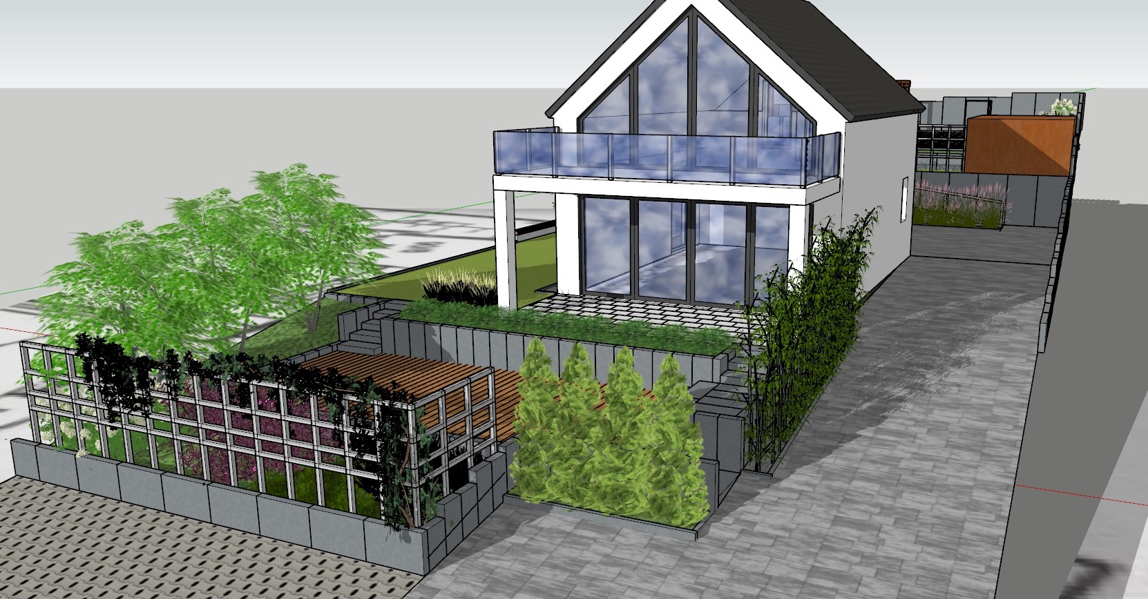 Wizualizacja 3D nowoczesnego domu z ogrodem, ukazująca taras z pergolą, schody z roślinnością i podjazd wyłożony kostką brukową.