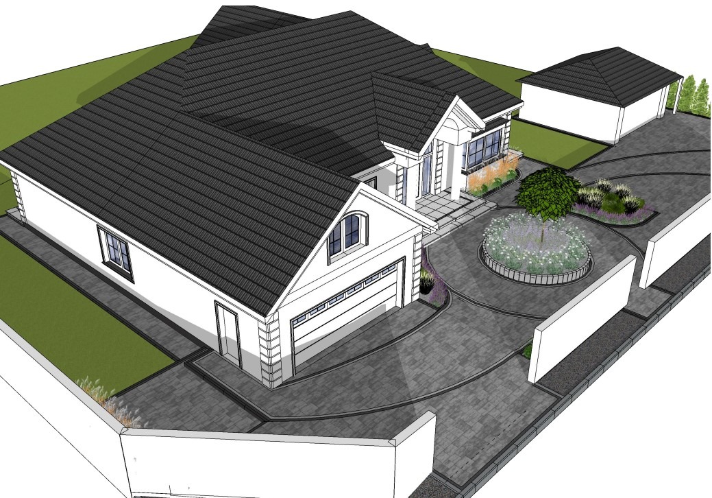 Wizualizacja 3D domu jednorodzinnego z zagospodarowanym terenem: podjazd z kostki brukowej, okrągły klomb z drzewem pośrodku, trawnik i ogrodzenie.