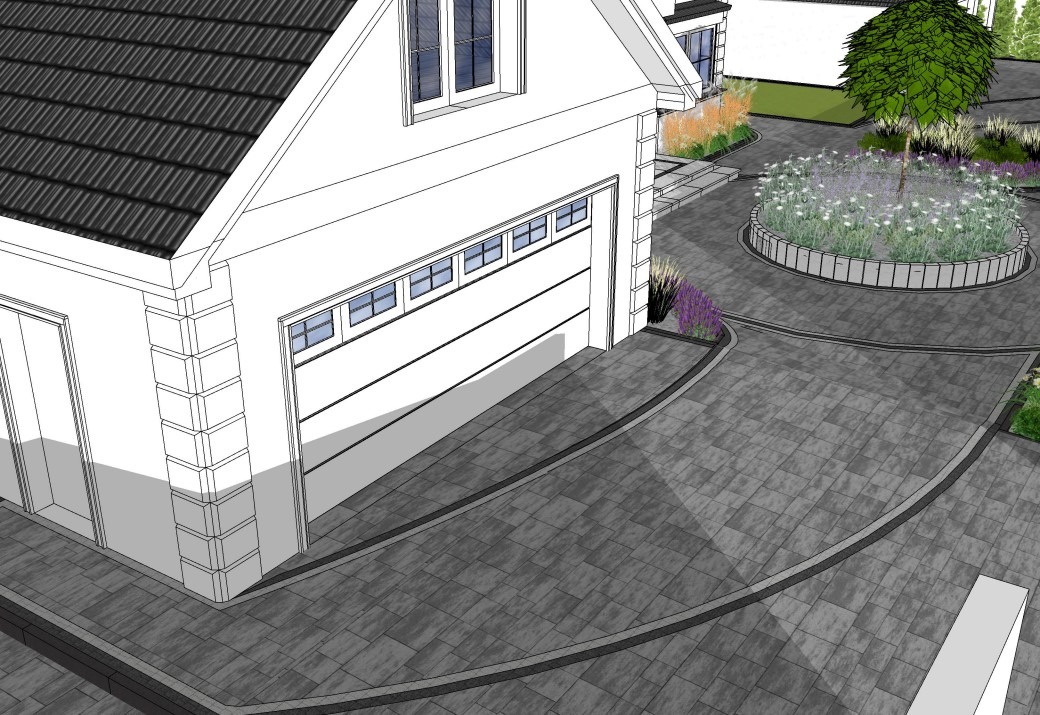 Wizualizacja projektu zagospodarowania terenu wokół domu z kostki brukowej, rabatami kwiatowymi i okrągłym klombem z drzewem.