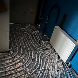 Instalacja ogrzewania podłogowego z rozdzielaczem, widok z góry na ułożone rury na folii izolacyjnej z siatką, niebieska ściana w tle.