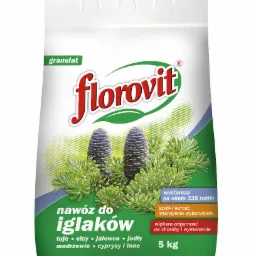 Opakowanie nawozu granulowanego Florovit do iglaków 5 kg, wystarczającego na około 335 roślin, oferowanego w Łodzi.