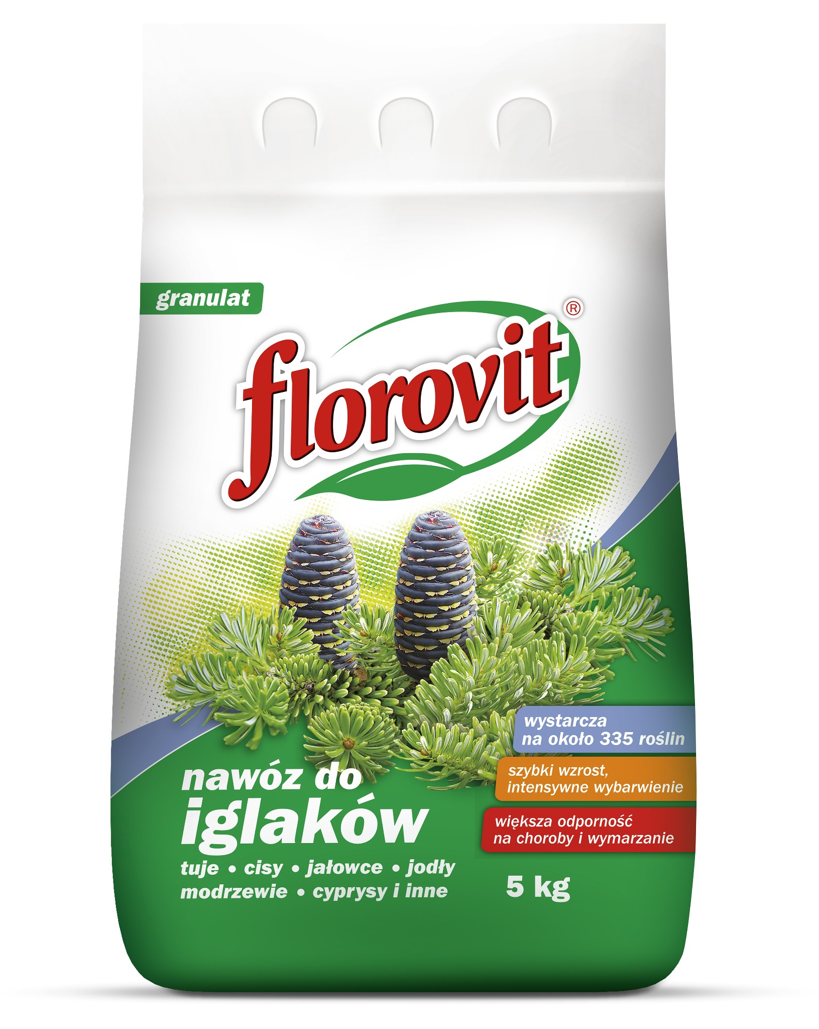 Opakowanie nawozu granulowanego Florovit do iglaków 5 kg, wystarczającego na około 335 roślin, oferowanego w Łodzi.