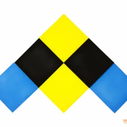 Kompozycja z kwadratowych paneli akustycznych w kolorach: żółtym, czarnym i niebieskim, ułożonych w kształt strzałki na białym tle.