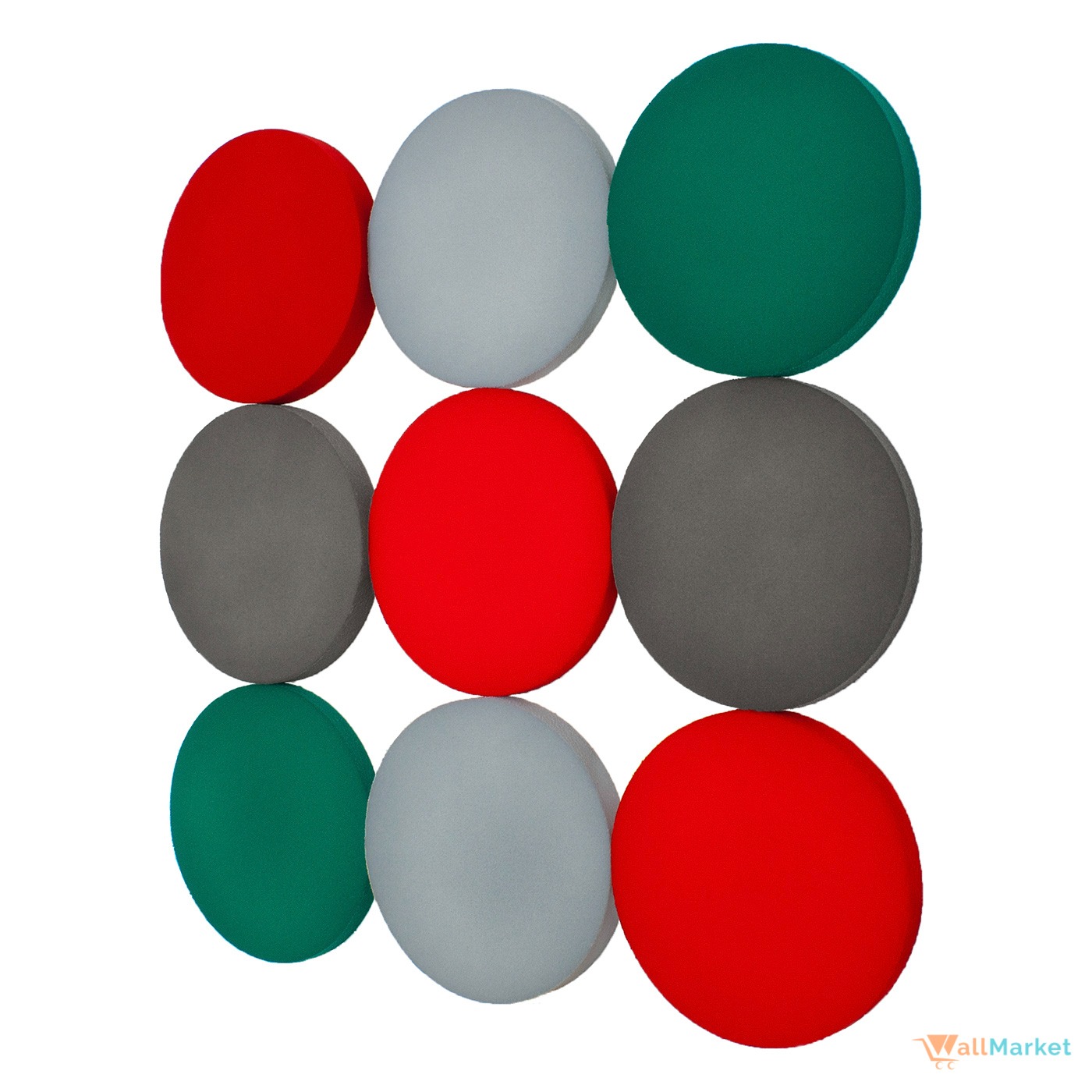 Kompozycja z dziewięciu okrągłych paneli akustycznych w kolorach: czerwonym, szarym, zielonym i jasnoszarym, ułożonych w kwadrat na białym tle.