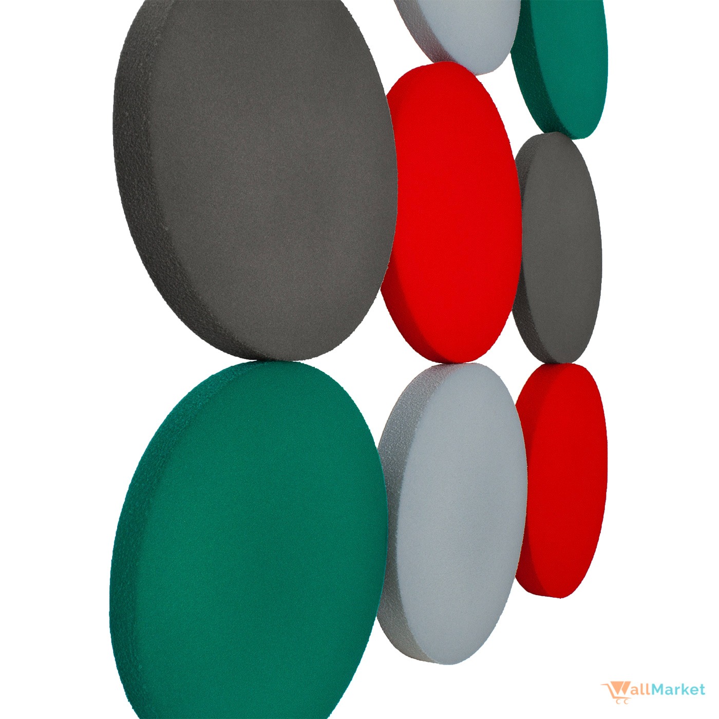 Dekoracyjne panele ścienne akustyczne w kształcie kolorowych okręgów: zielony, szary, czerwony, biały, ustawione pionowo, widok z boku.