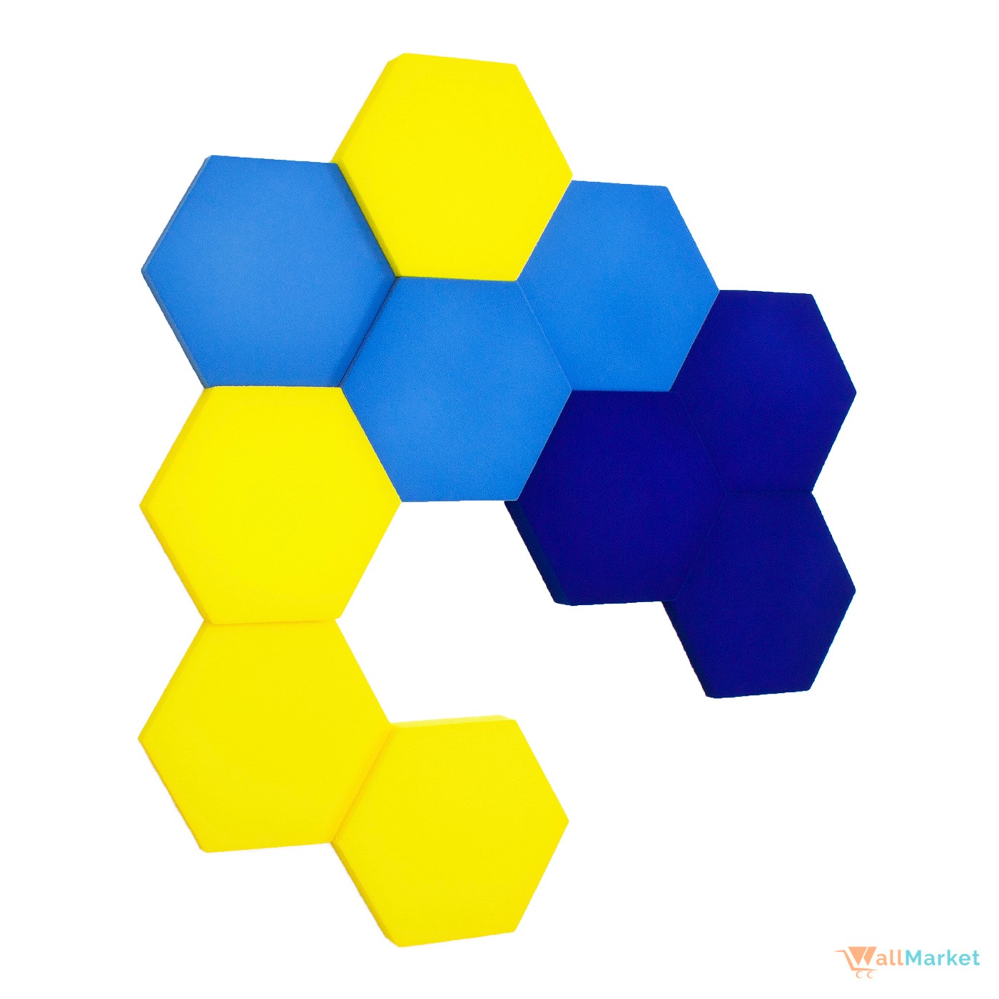Dekoracyjne panele ścienne w kształcie heksagonów w odcieniach żółci i niebieskiego, tworzące geometryczną kompozycję na białym tle.