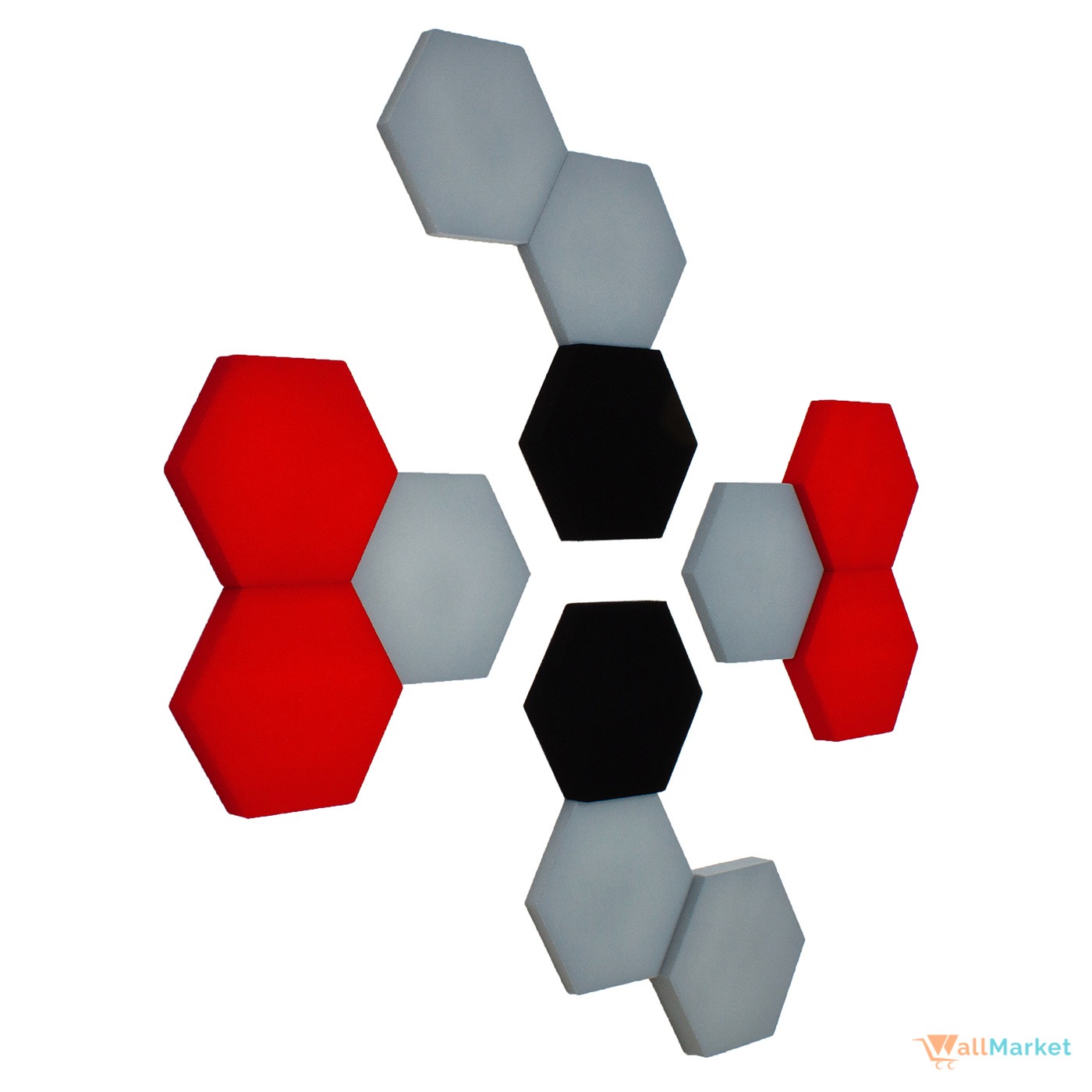 Kompozycja z sześciokątnych paneli ściennych w kolorach czerwonym, szarym i czarnym, tworząca nowoczesny wzór dekoracyjny na białym tle.