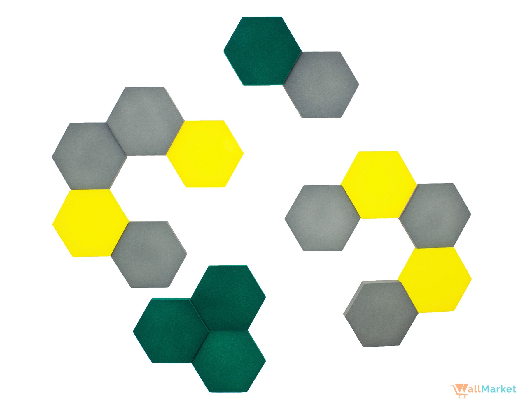 Dekoracyjne, trójwymiarowe panele ścienne w kształcie heksagonów w kolorach: żółtym, szarym i ciemnozielonym, ułożone w geometryczne wzory na białym tle.