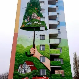 Wielkoformatowe malowidło na ścianie budynku przedstawiające rękę trzymającą parasol, pod którym znajduje się las z zwierzętami i tradycyjna zabudowa, słońce w prawym górnym rogu.