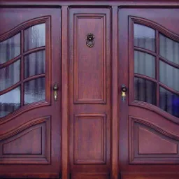 Dwuskrzydłowe, drewniane drzwi wejściowe z przeszkleniami w Białogardzie, z dekoracyjną kołatką w kształcie lwa i mosiężnymi klamkami.