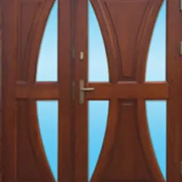 Dwuskrzydłowe, drewniane wejściowe z przeszkleniami o owalnym kształcie, złoty uchwyt, widoczne zawiasy.