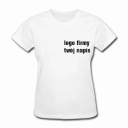 Biała damska koszulka z krótkim rękawem, na której widnieje czarny napis: 'logo firmy twój napis'.