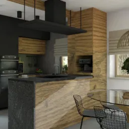 Wizualizacja nowoczesnej kuchni z wyspą, czarnymi szafkami i okapem, drewnianymi akcentami i ekspres do kawy wbudowany w ścianę.