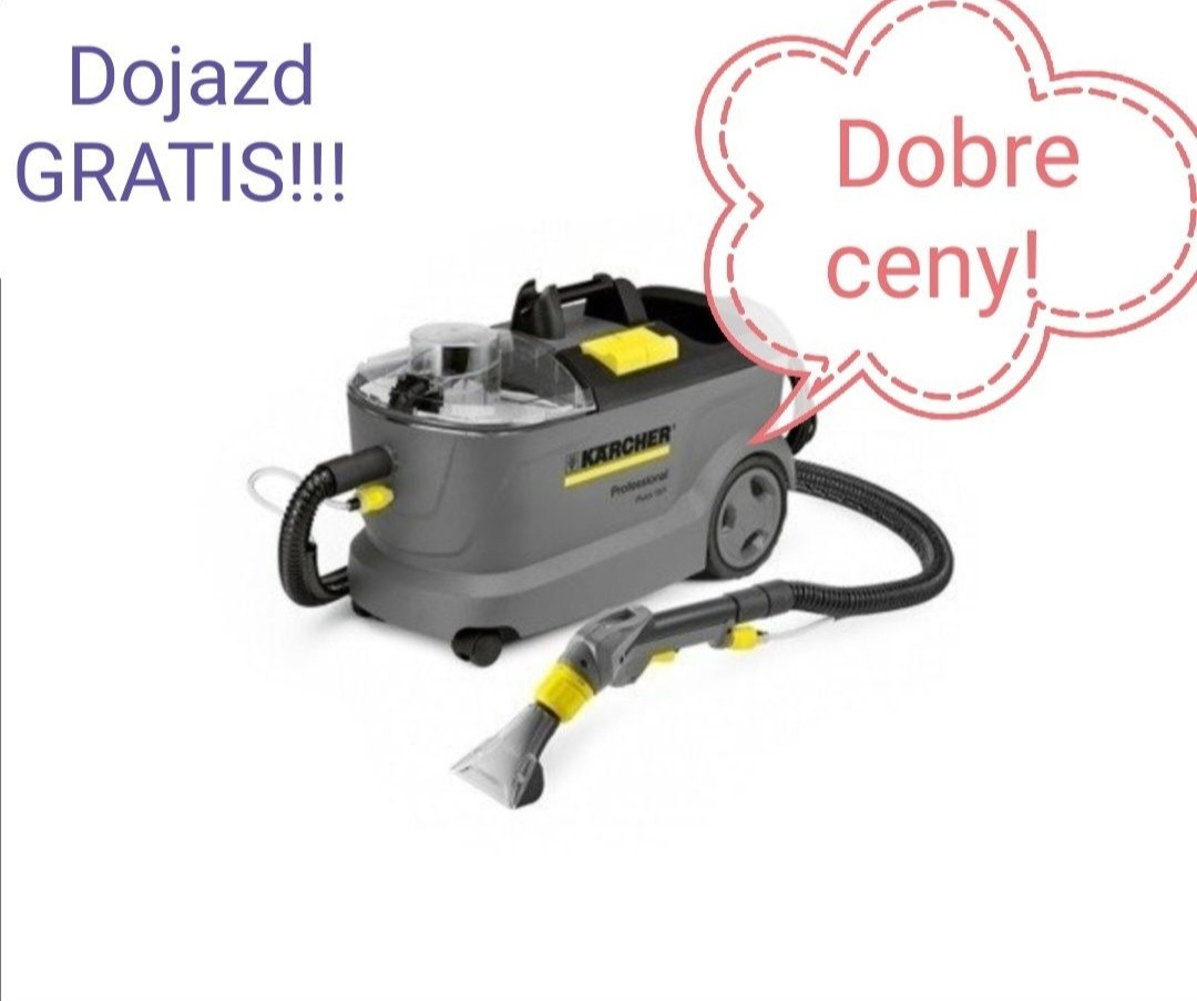 Profesjonalny odkurzacz piorący Karcher z przezroczystym zbiornikiem na wodę, oferta z napisem 'Dojazd GRATIS!!!' i 'Dobre ceny!'