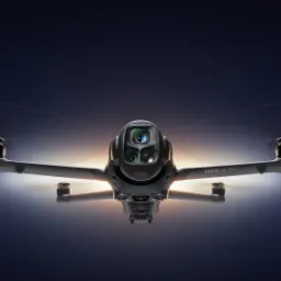 Czarny dron Mavic 4 Pro z kamerą Hasselblad w locie, oświetlony od dołu, na ciemnym tle. Widoczne wirniki i diody sygnalizacyjne.