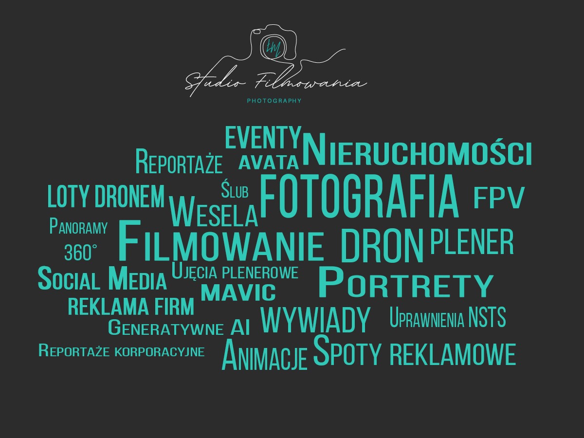 Grafika z logotypem 'Studio Filmowania' i słowami kluczowymi: fotografia, filmowanie, drony, reportaże, wesela, nieruchomości, portrety, reklama, spoty, animacje.
