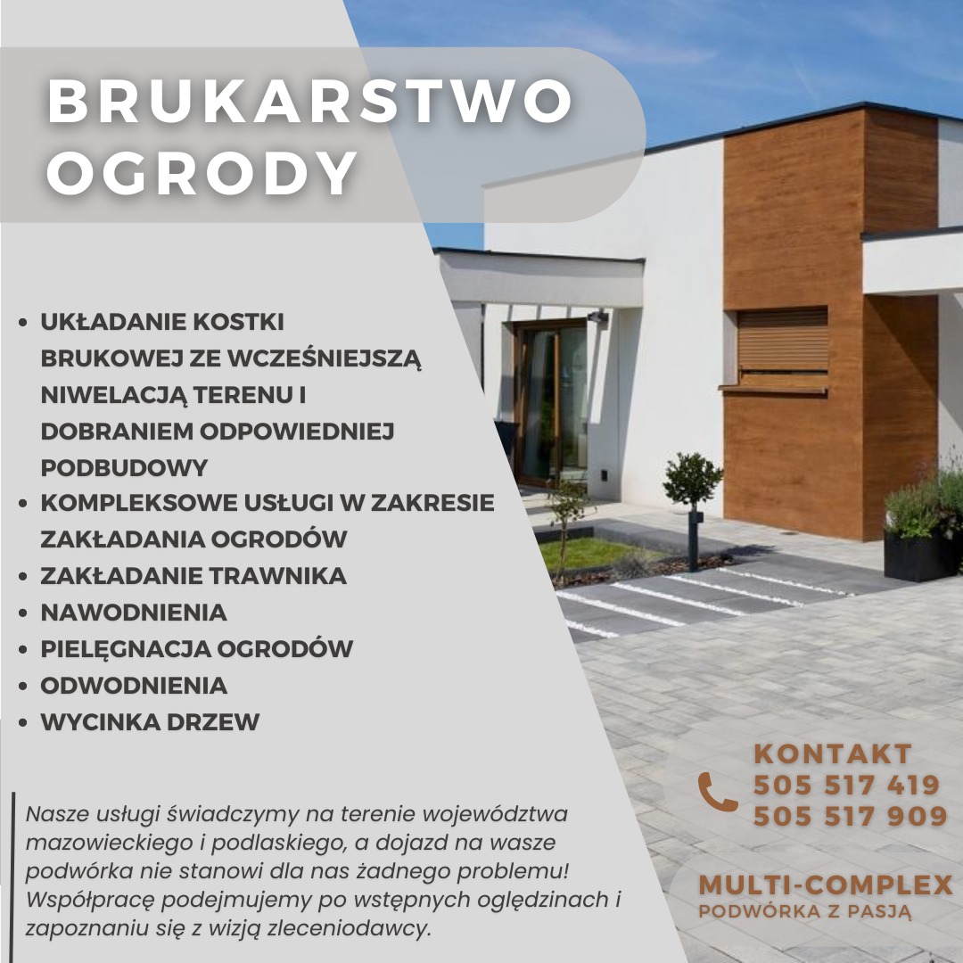Reklama firmy brukarskiej i ogrodniczej prezentująca nowoczesny dom z brukowanym podjazdem i minimalistycznym ogrodem z kostki, trawnika i roślin w donicach.