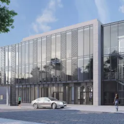 Wizualizacja nowoczesnego biurowca z przeszkloną fasadą, widoczne wnętrze z biurkami, na zewnątrz zaparkowany srebrny samochód.